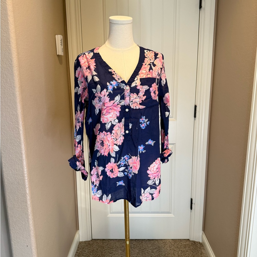 Old Navy Navy and Pink Floral Blouse - Picture 1 of 4
